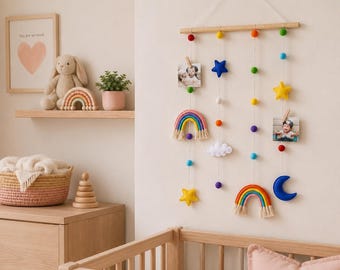 Rainbow Photo Storage Wall Hanging, Nursery Photo Display, Rainbow Wall Decor, Kids Room Hanging Organizer, Baby Memory Display