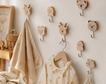 Wooden Woodland Animal Wall Hooks, Kids Room Decor, Nursery Organizer