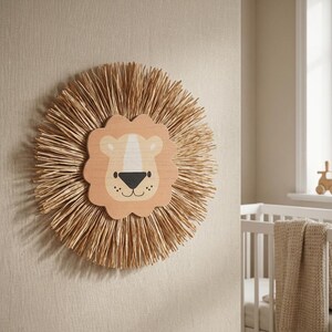 Natural safari nursery wall decor featuring handmade lion and tiger designs with wooden faces and textured fiber details, perfect for boho baby room, neutral nursery styling, and kids room wall art