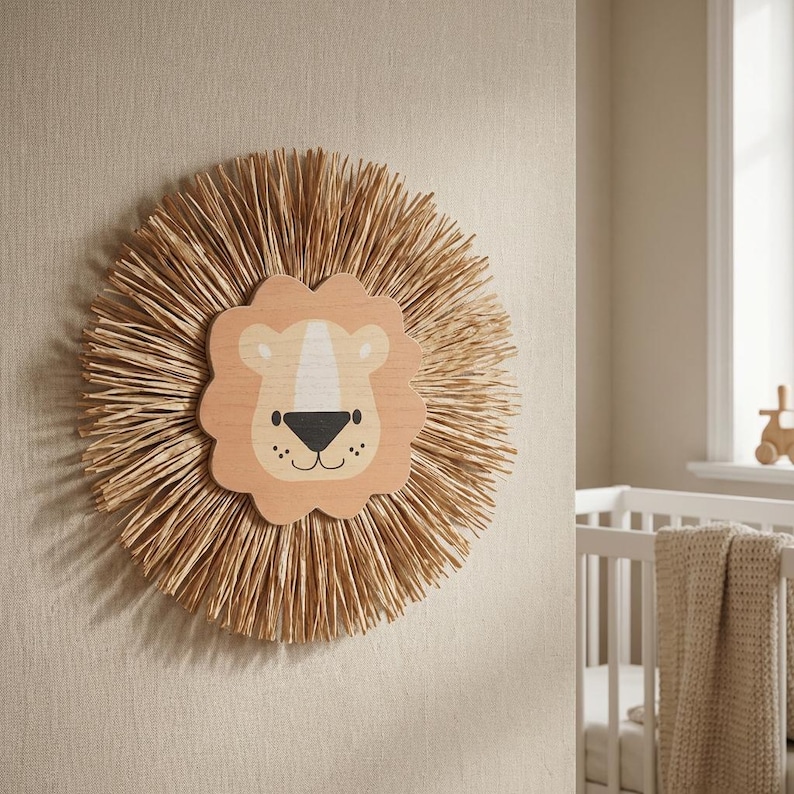 Natural safari nursery wall decor featuring handmade lion and tiger designs with wooden faces and textured fiber details, perfect for boho baby room, neutral nursery styling, and kids room wall art