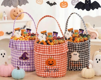 Personalized Halloween Trick or Treat Basket, Custom Kids Halloween Basket, Embroidered Candy Basket with Name, Halloween Gift Bags