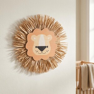 Natural safari nursery wall decor featuring handmade lion and tiger designs with wooden faces and textured fiber details, perfect for boho baby room, neutral nursery styling, and kids room wall art