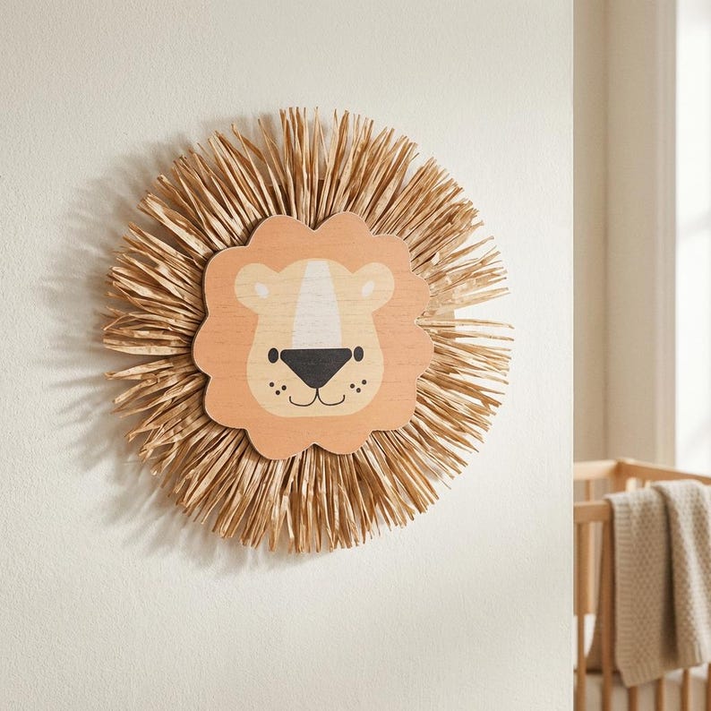 Natural safari nursery wall decor featuring handmade lion and tiger designs with wooden faces and textured fiber details, perfect for boho baby room, neutral nursery styling, and kids room wall art