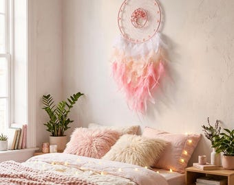 Pink Tree of Life Dream Catcher, Nursery Wall Decor, Boho Dreamcatcher with Feathers, Baby Girl Room Hanging Decor, Pink Bedroom Decor