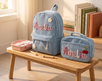 Personalized Corduroy Kids Backpack & Lunchbox Set, Custom Name School Bag