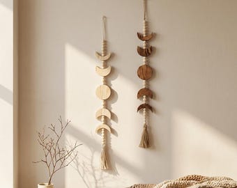 Wood Moon Phase Wall Hanging, Boho Nursery Decor, Neutral Wall Art, Wooden Beaded Garland, Minimalist Baby Room Decor, Celestial Wall Decor