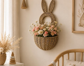 Woven Rabbit Wall Basket, Bunny Hanging Planter, Boho Nursery Wall Decor, Easter Basket Wall Decoration