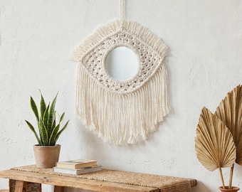 Macrame Wall Mirror, Boho Hanging Mirror Decor, Handmade Cotton Rope Wall Art, Small Round Mirror, Bohemian Bedroom Accent Gift