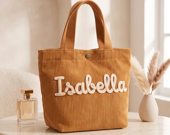 Personalized Corduroy Tote Bag, Custom Name Shoulder Bag, Small Everyday Tote