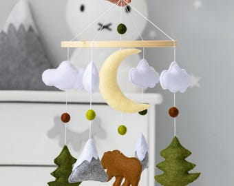 Woodland baby mobile neutral, Mountains and trees mobile, Bear nursery mobile,Forest mobile for crib,National park baby mobile,New baby gift