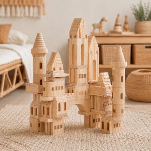 75-Piece Wooden Castle Building Blocks Set, Montessori Natural Wood Toy, Waldorf Construction Blocks, Open-Ended Kids Play