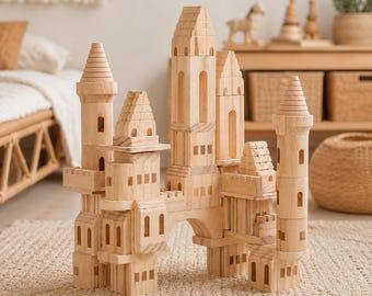 75-Piece Wooden Castle Building Blocks Set, Montessori Natural Wood Toy, Waldorf Construction Blocks, Open-Ended Kids Play