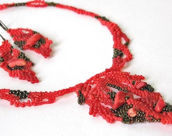Coral Red Jewelry Set, Beaded jewelry, Beadwork necklace, Seed bead jewelry, Red Freeform peyote jewelry set, coral red necklace, fall