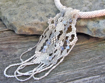 White Freeform Peyote Beaded Necklace, Wedding Necklace, Beadwork necklace, Crochet beads rope necklace, wedding, white jewelry, moonstone