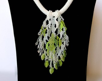 Green Leaves Elvish Necklace, Wedding Necklace, White Freeform Necklace, Boho Beadwork Necklace, Forest Fairy Necklace, Cosplay Necklace