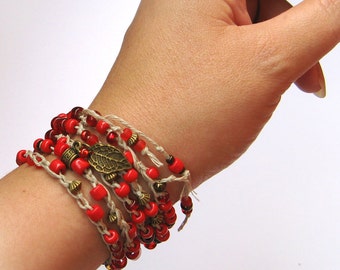 Red Beaded Crochet Bracelet, Wrap Bracelet, Witch Bracelet, Red Bracelet, Natural Linen, Boho Bracelet, rustic style, LARP bracelet, hippie
