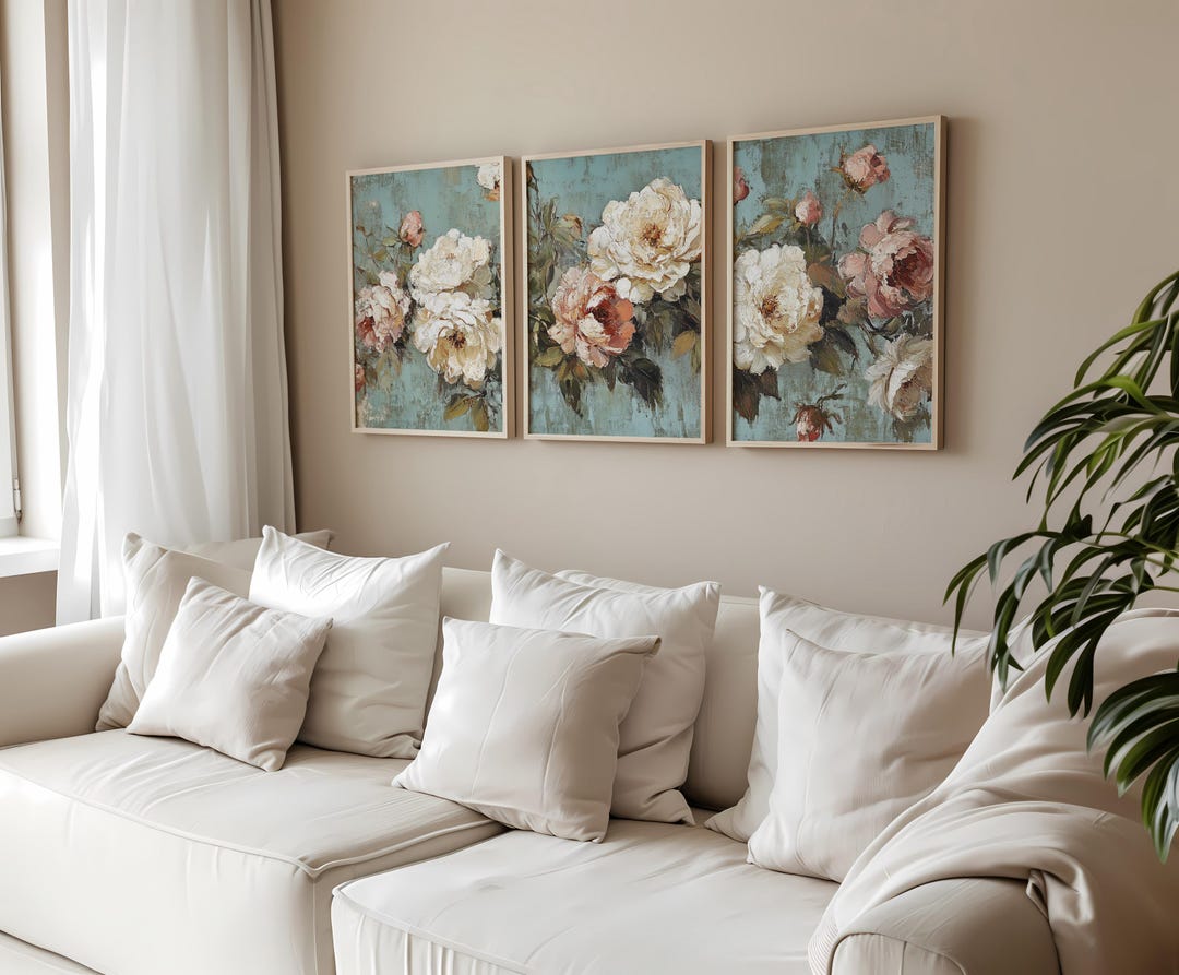 Vintage Floral Wall Art 3 Piece Set, Shabby Chic Cottagecore Flower ...