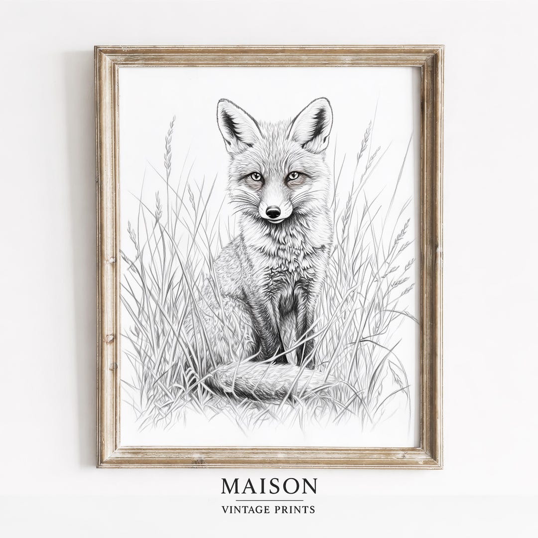 Rustic Fox Image Rustic Fox Sketch, Detailed Pencil Art, Vintage Wildlife Wall Decor ...