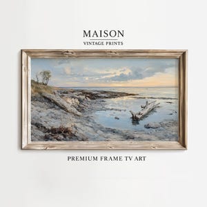 May include: A framed landscape painting depicts a coastal scene with a driftwood log in the water. The artwork features a rocky shoreline, a cloudy sky, and the text "MAISON VINTAGE PRINTS" and "PREMIUM FRAME TV ART".