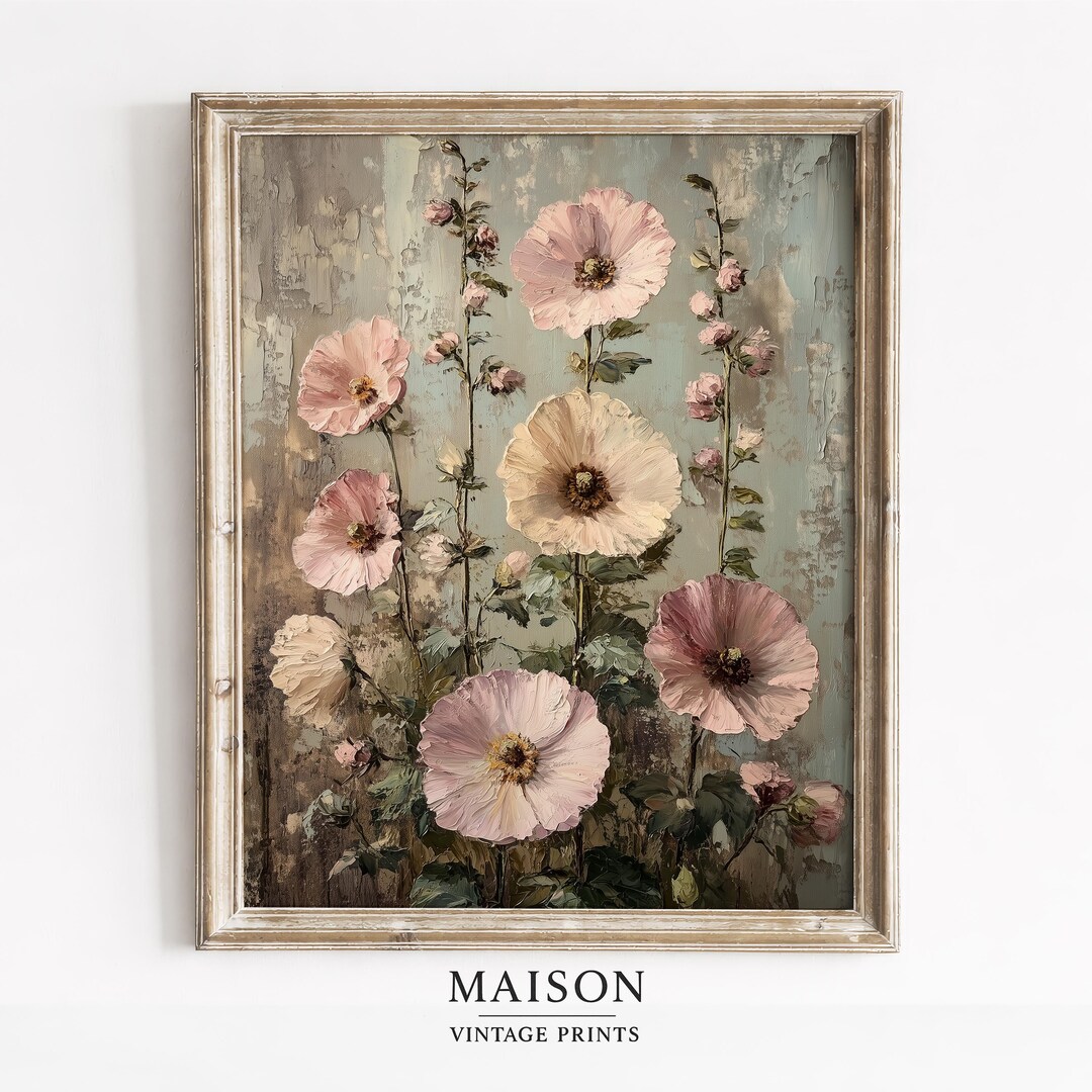 Romantic Floral Wall Art Printable - Vintage Cottagecore Hollyhock ...
