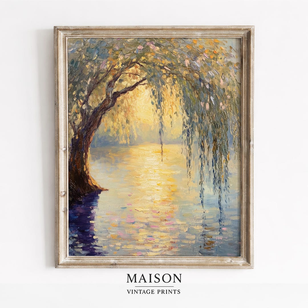 Willow Tree Lake Painting | Vintage Landscape Art (digital