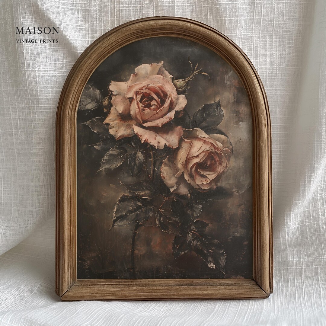 Vintage Rose Oil Painting Print - Dark Moody Botanical Art (digital ...