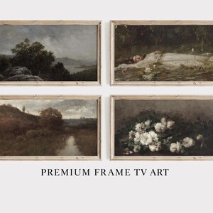May include: Four framed vintage-style landscape and portrait paintings. The top left painting depicts a dark, stormy landscape. The top right painting shows a woman in a white dress. The bottom paintings show a river and white flowers. Text at the bottom reads "PREMIUM FRAME TV ART."