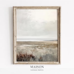 Moody Coastal Marsh Landscape - Printable Wall Art, Neutral Earthy Tones, Minimalist Painting with Distant Shoreline, Digital Download 1969