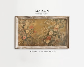 Cornice TV artistica, arazzo floreale rustico in stile cottage, decorazione tessile europea antica, decorazione murale vintage, download digitale, retrò 1938