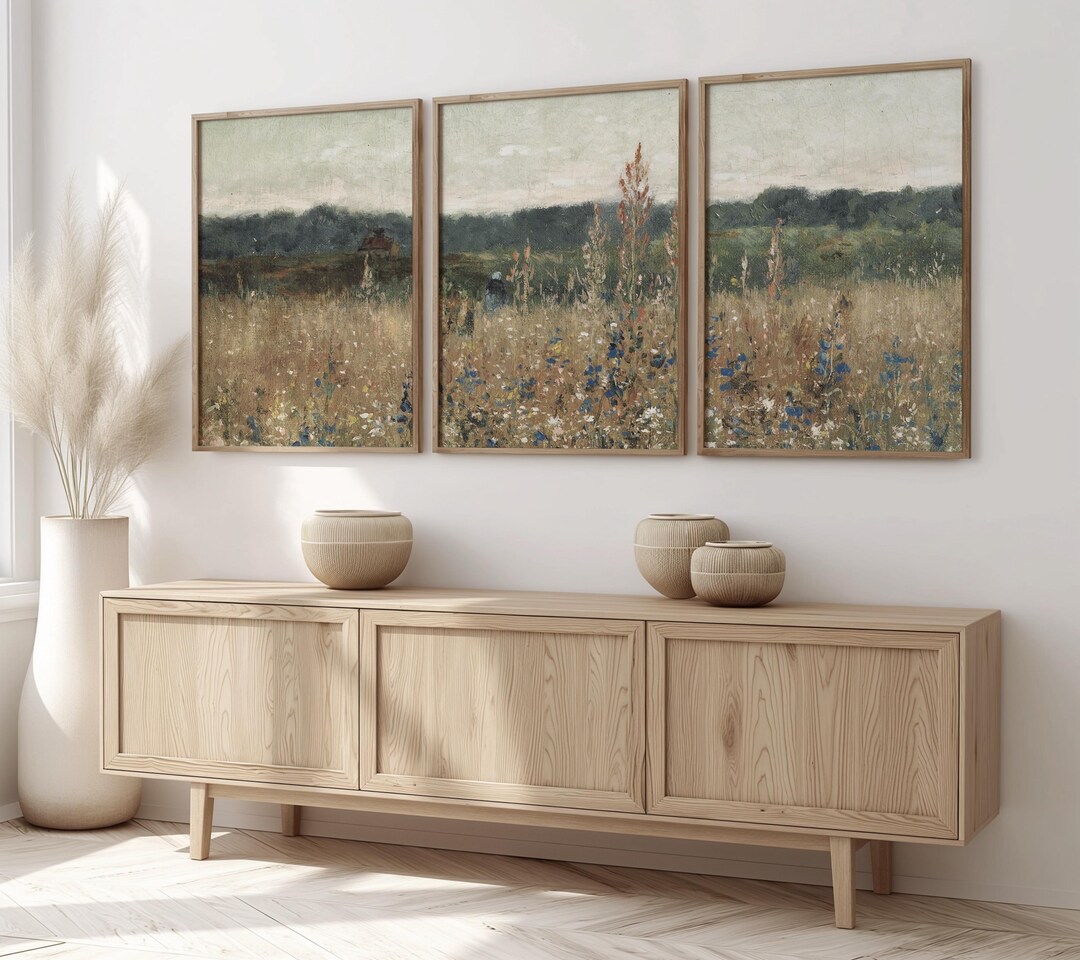 Vintage Wildflower Meadow Landscape Wall Art 3-piece Set, Rustic ...