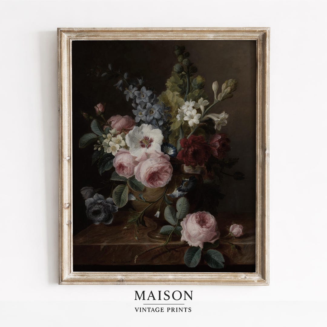 Moody Vintage Floral Still Life - Printable Dark Bouquet Art, Baroque ...