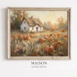 Rustic Autumn Cottage in Pumpkin Patch - Cottagecore Farmhouse Art, Cozy Fall Vibes, Printable Autumn Decor, Digital Wall Art 3050