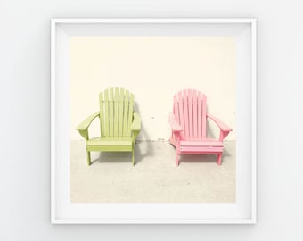 Adirondack Chair Photography Print: Pink & Lime Green Beach Decor