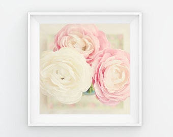 Pink Flower Photography, Ranunculus, Pink Floral Print, Shabby Chic Cottage, Pink and White Nursery, Flower Bouquet Art, Still Life Flowers