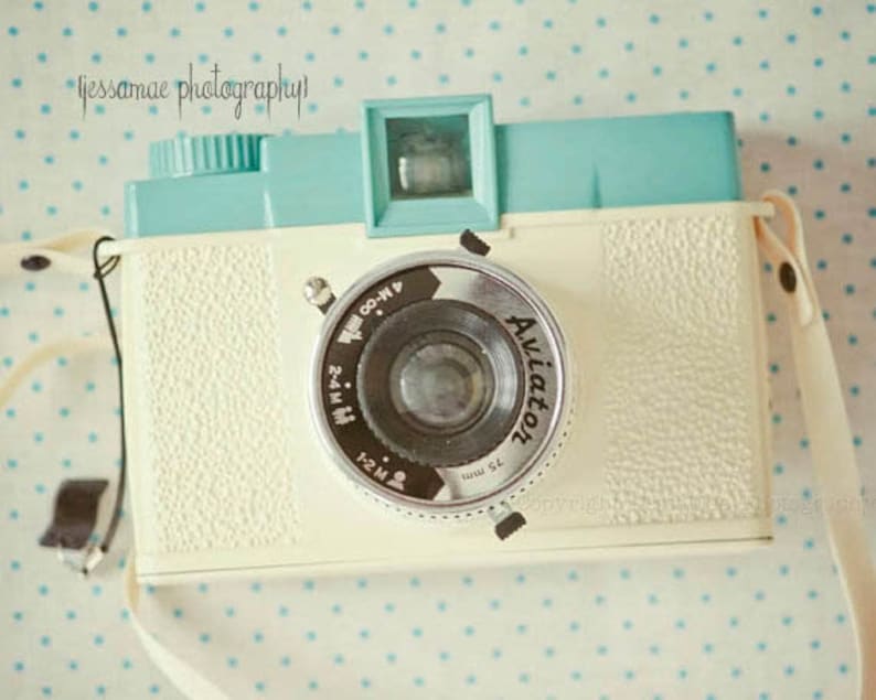 Diana Camera Photography Print , Vintage Camera Art, Pastel Camera Print, Cream, Turquoise, Polka Dot, Camera Wall Art, Camera Still Life image 1