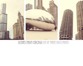 Chicago Photography, Chicago Art, Chicago Print Set, The Bean, Chicago Print Set, Chicago City Art, Chicago Photo, Chicago Skyline, Gray Art