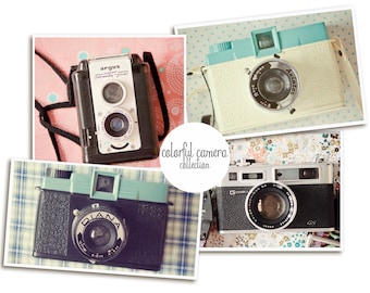 Set di stampe fotografiche in stile retrò: quadri con fotocamere vintage