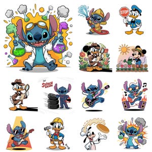 May include: A collection of cartoon illustrations featuring Disney characters in various roles. Stitch is depicted as a scientist, firefighter, and musician. Donald Duck is shown as a construction worker and detective. Mickey Mouse is gardening.