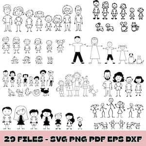 Può includere: Illustrazioni in bianco e nero di famiglie, bambini e animali domestici sotto forma di figure stilizzate. L'immagine include varie configurazioni familiari, singoli bambini e diversi animali domestici. Il testo in basso recita "29 FILES - SVG PNG PDF EPS DXF".