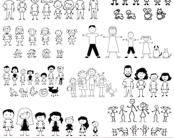 May include: Black and white stick figure illustrations of families, children, and pets. The image includes various family configurations, individual children, and different pets. Text at the bottom reads "29 FILES - SVG PNG PDF EPS DXF".