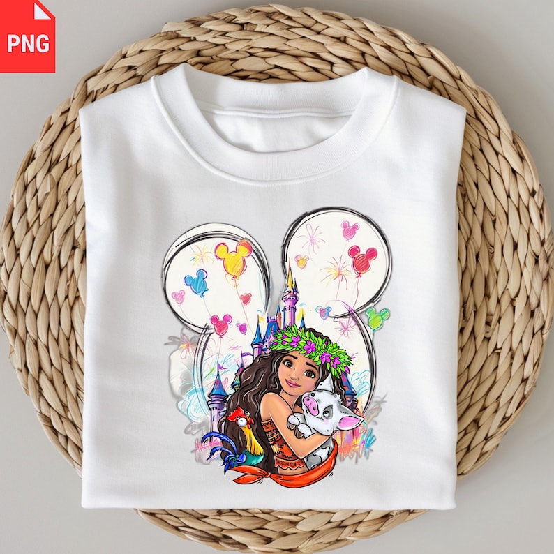 K&ouml;nnte beinhalten: Wei&szlig;es Sweatshirt mit Rundhalsausschnitt und farbenfroher Grafik eines Disney-Charakters mit Blumenkranz, der ein Schwein h&auml;lt, mit einer Burg und Luftballons in einem Mickey-Mouse-Ohren-Design. Enth&auml;lt Feuerwerk und einen Hahn.