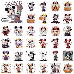 May include: A collection of Halloween-themed Minnie Mouse stickers. Minnie is depicted in various costumes, including a witch, mummy, and vampire. The stickers feature text like "Happy Halloween" and "Happy Birthday!"