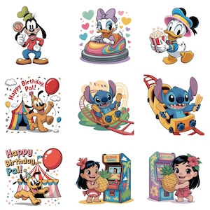 Peut inclure: Ensemble d'illustrations de dessins animés colorés mettant en scène des personnages Disney. Dingo avec une sucette, Daisy Duck dans une auto-tamponneuse et Donald Duck avec du pop-corn. Pluto fête un anniversaire et Stitch sur des montagnes russes.