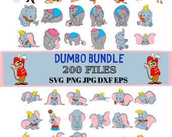 May include: A collection of cartoon illustrations featuring Dumbo the elephant and other circus characters. The image includes the text "Dumbo Bundle 200 Files" with file type information. The illustrations are in various poses and styles.