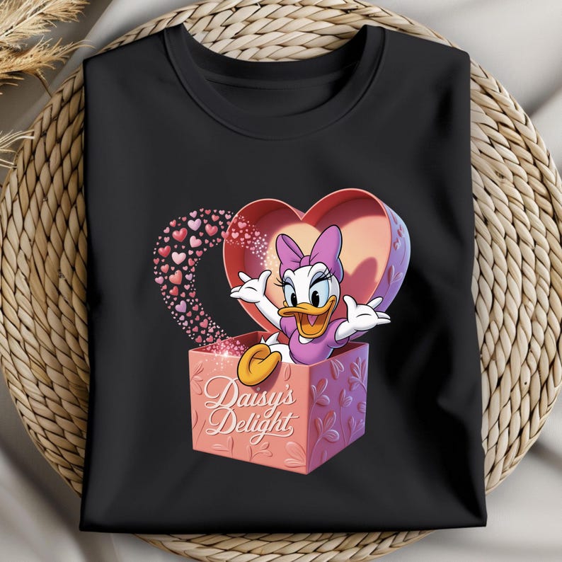 May include: Black crew neck t-shirt featuring a cartoon image of Daisy Duck emerging from a heart-shaped box. The box is pink and has the words "Daisy's Delight" printed on it. A trail of small hearts extends from the box.