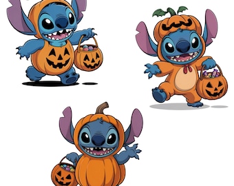 Stitch Pumpkin Costume PNG Bundle, Halloween Trick or Treat Stitch Clipart for Fall Crafts and Sublimation