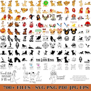 May include: A collection of Lion King-themed digital files, including SVG, PNG, PDF, JPG, and EPS formats. The image features various illustrations of characters like Simba, Timon, and Pumbaa, along with quotes and phrases such as "Hakuna Matata" and "Friends stick together to the end."