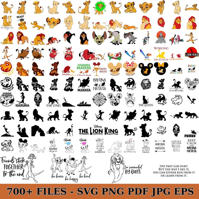 May include: A collection of Lion King-themed digital files, including SVG, PNG, PDF, JPG, and EPS formats. The image features various illustrations of characters like Simba, Timon, and Pumbaa, along with quotes and phrases such as "Hakuna Matata" and "Friends stick together to the end."