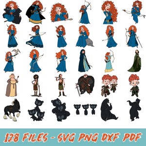 Op de afbeelding: Een verzameling digitale illustraties met een roodharige vrouwelijke personage in verschillende poses, gekleed in blauwe en groene jurken en met pijl en boog. Andere illustraties tonen beren, paarden en andere personages. De tekst "128 FILES - SVG PNG DXF PDF" staat onderaan.