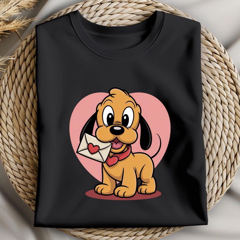 May include: Black t-shirt featuring a cartoon puppy with a red collar and a pink heart-shaped background. The puppy is holding a letter with a heart on it. The design is a cute and playful illustration.